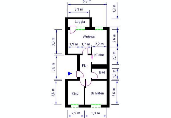 Grundriss 3-Raumwohnung Waldring 32 rechts