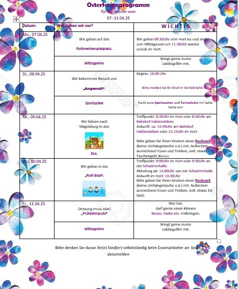 Ferienplan 1. Woche Ostern